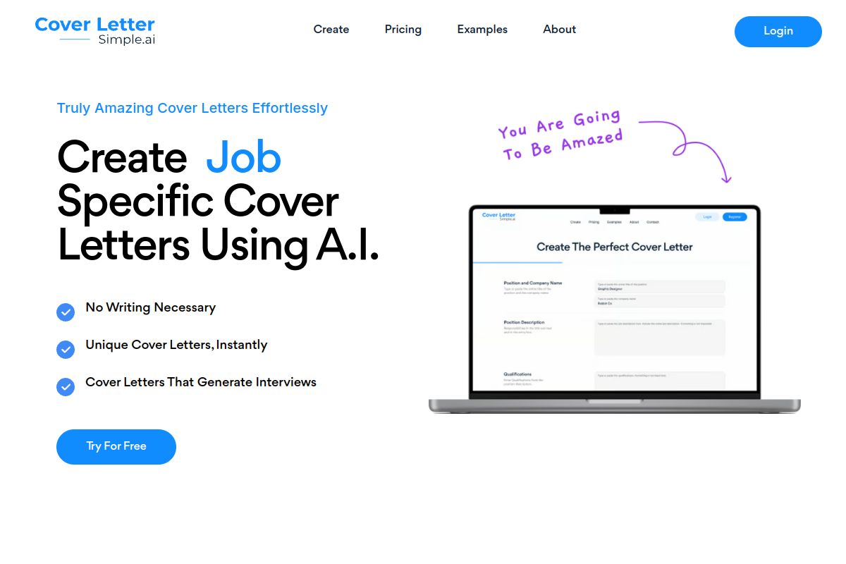 Screenshot of the CoverLetterSimple.ai website