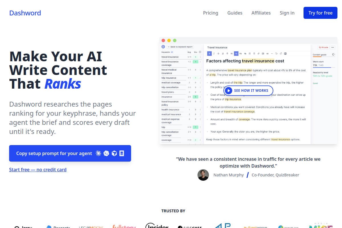 Screenshot of the Content brief generator website