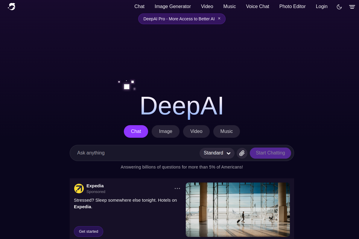 Screenshot of the DeepAI website