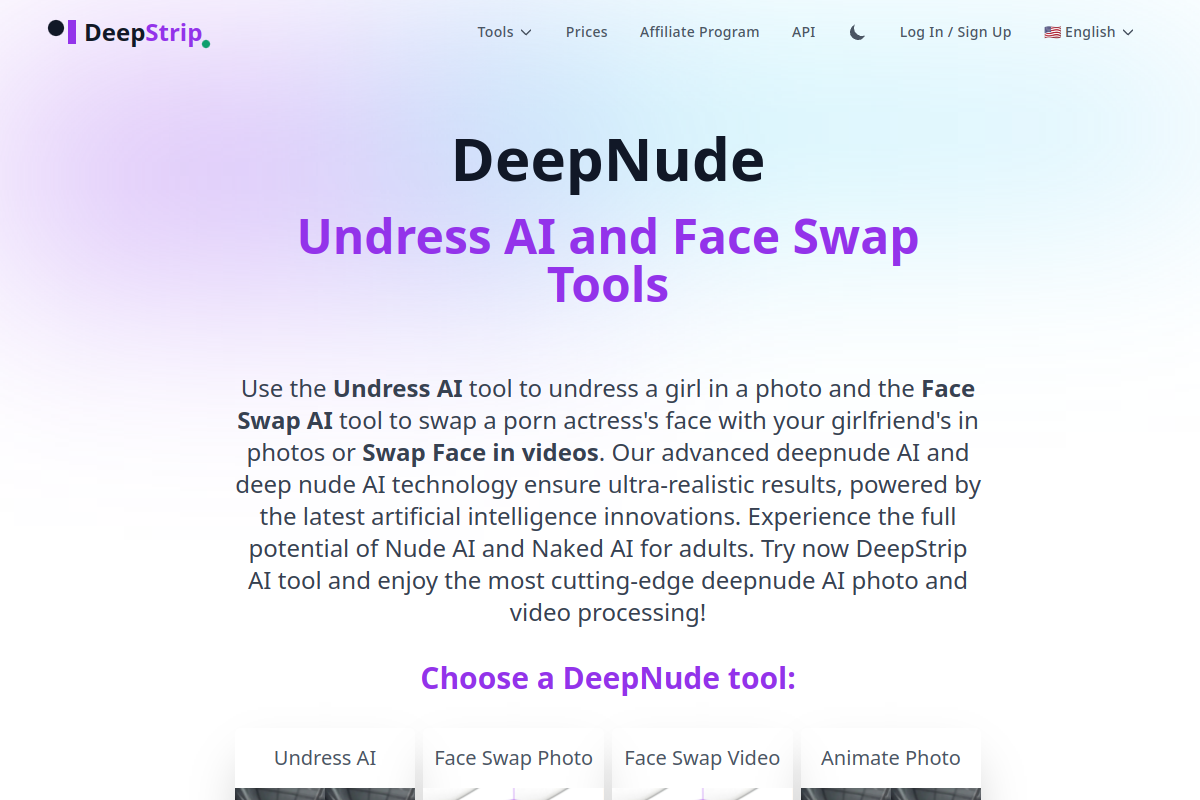 DeepStrip homepage as it appeared during testing