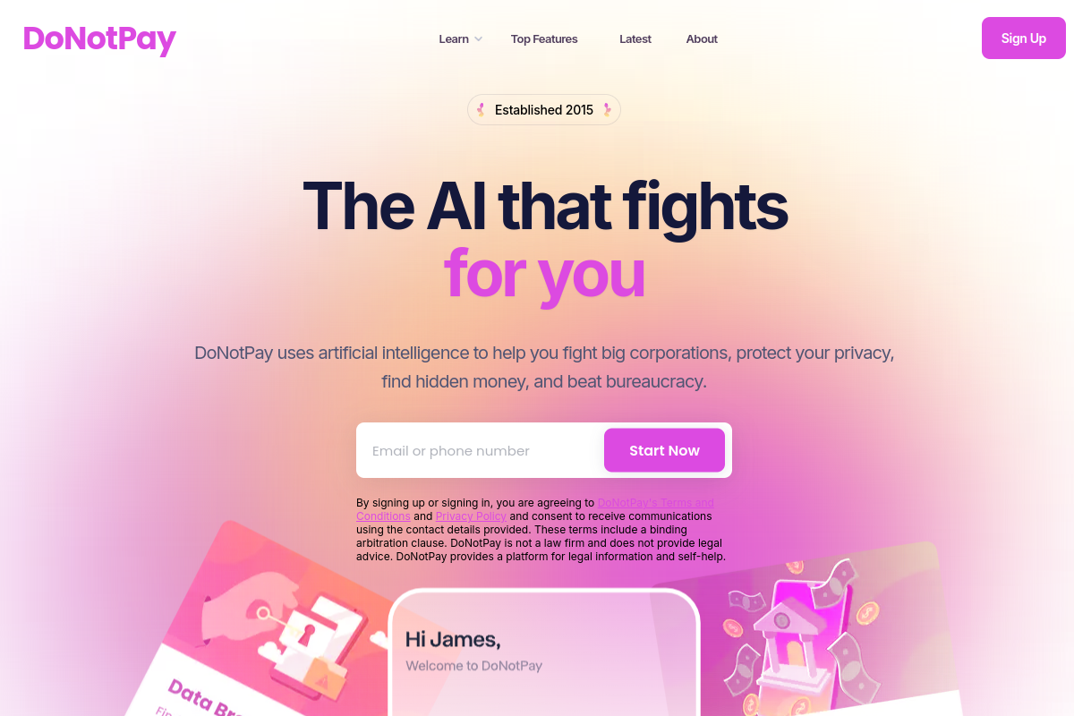Screenshot of the Donotpay website