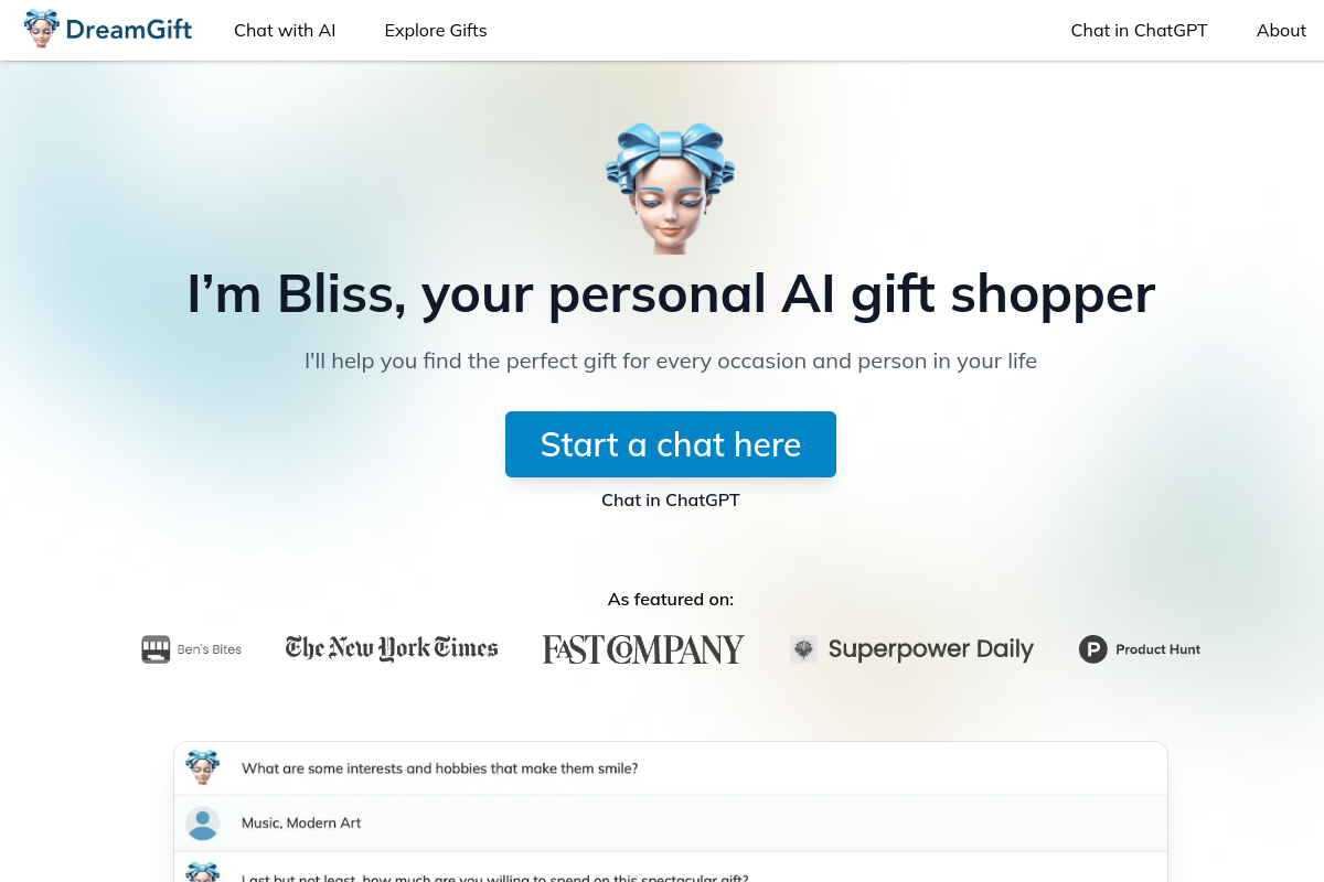 Screenshot of the DreamGift website