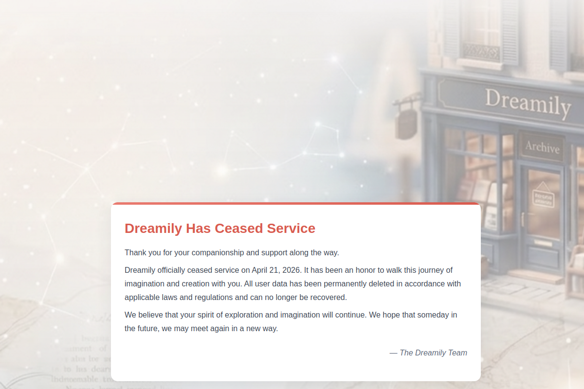Screenshot of the Dreamily-beta website