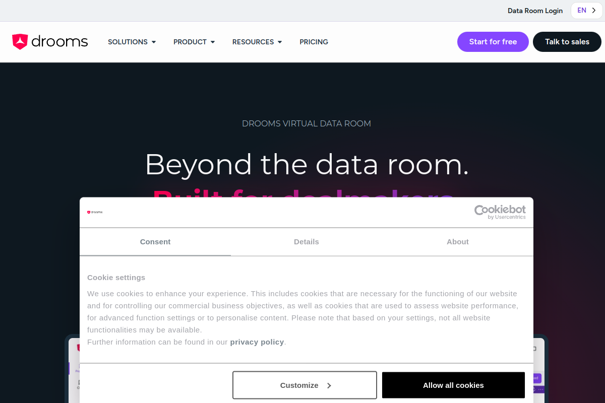 Drooms homepage screenshot, a Datasite Diligence alternative