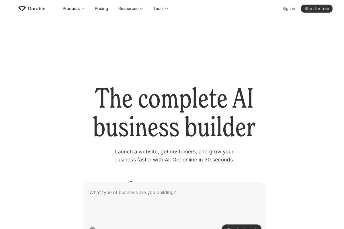 Screenshot of the Durable AI Website Builder website