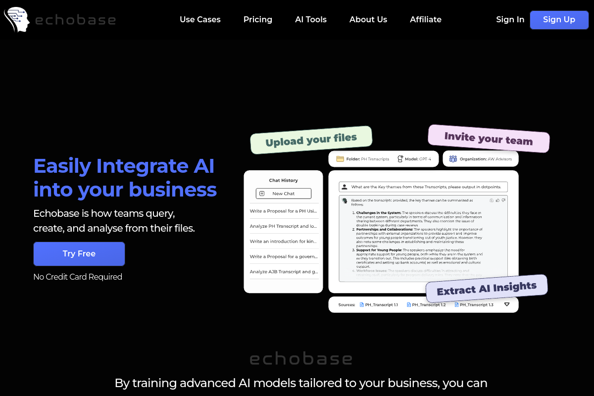 Screenshot of the Echobase - AI for Business website
