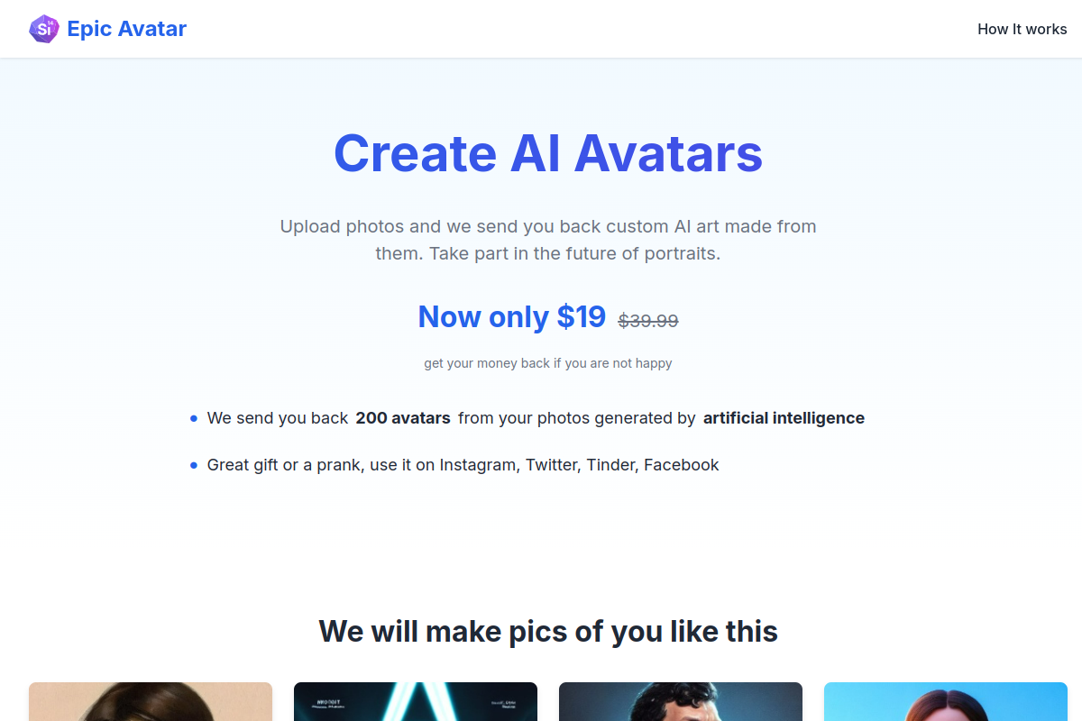 Screenshot of the EpicAvatar website