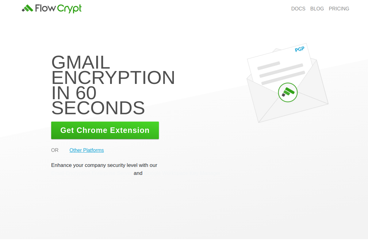 FlowCrypt homepage screenshot showing Gmail encryption plugin