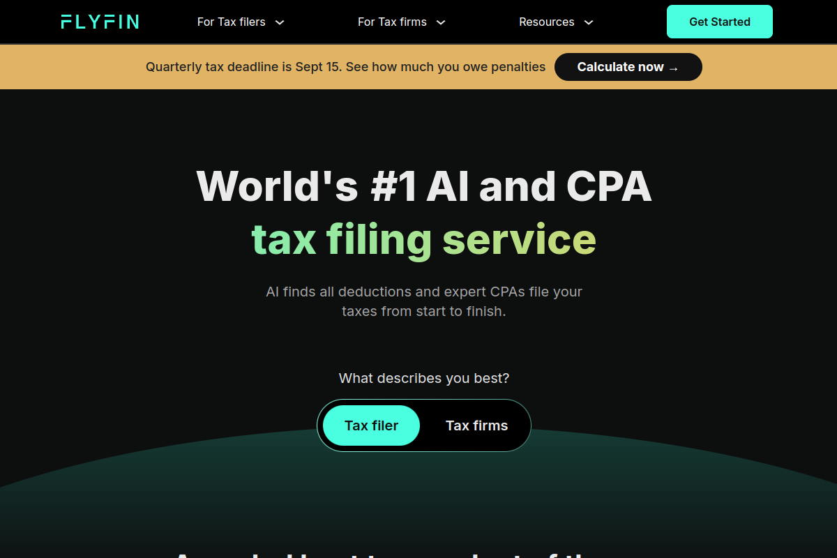 Screenshot of the Flyfin tax website