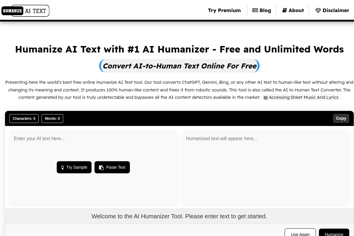 Screenshot of the Humanize AI Text website