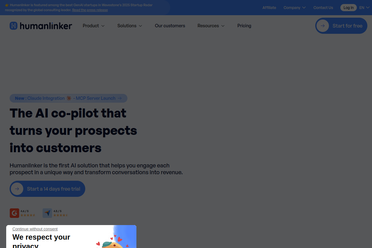 Screenshot of the Humanlinker website