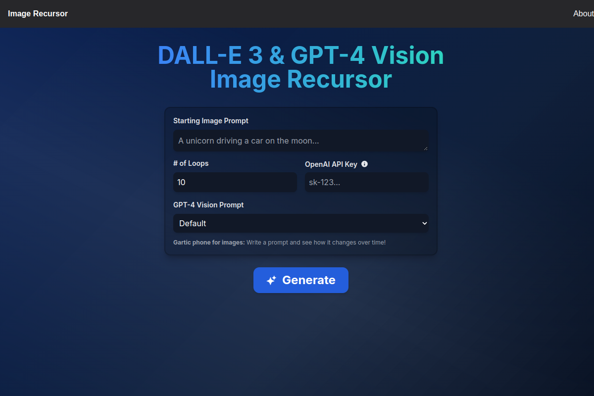 Screenshot of the Image Recursor website