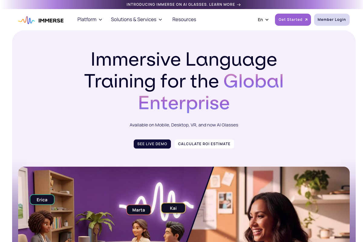Screenshot of the Immerse website