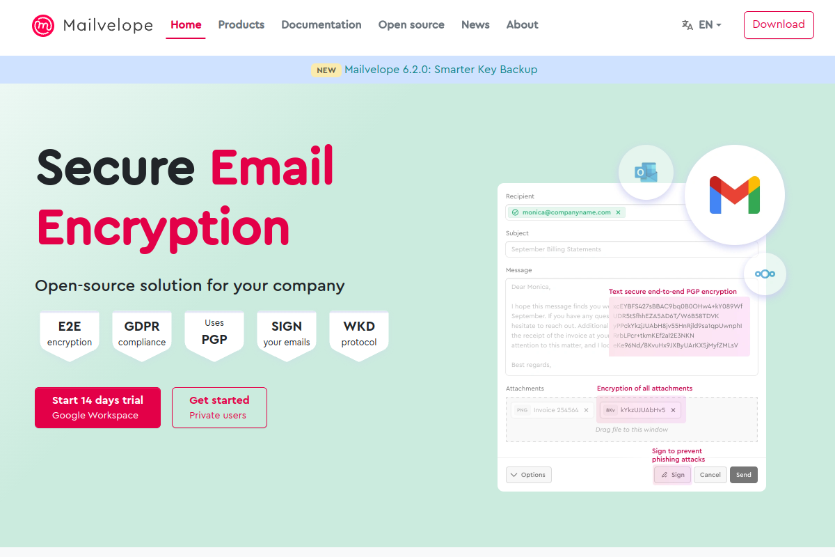 Mailvelope homepage screenshot showing Gmail encryption browser extension