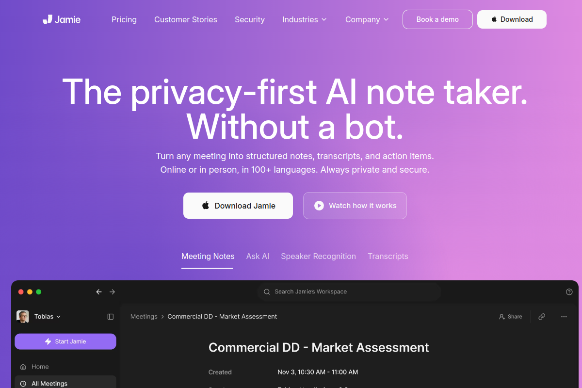 Screenshot of the jamie - AI Notetaker for Meeting Notes & Automated Action Items website