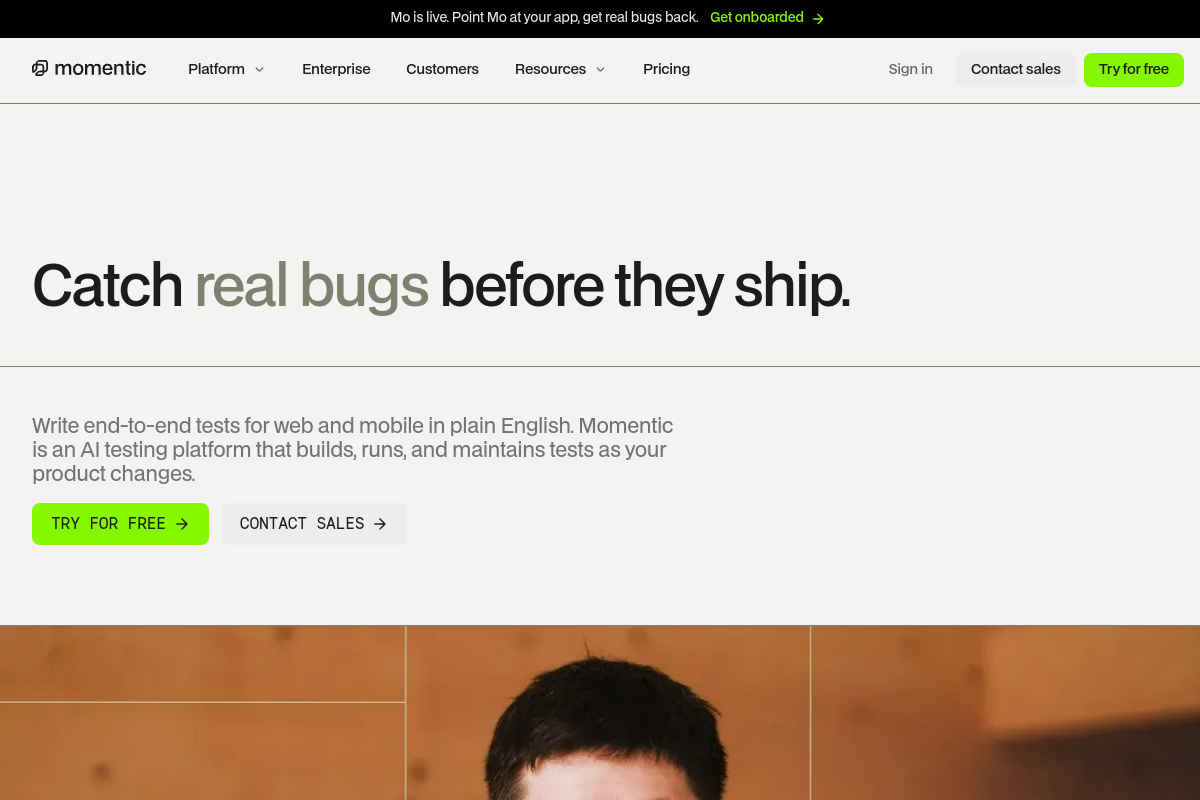 Screenshot of the Momentic website