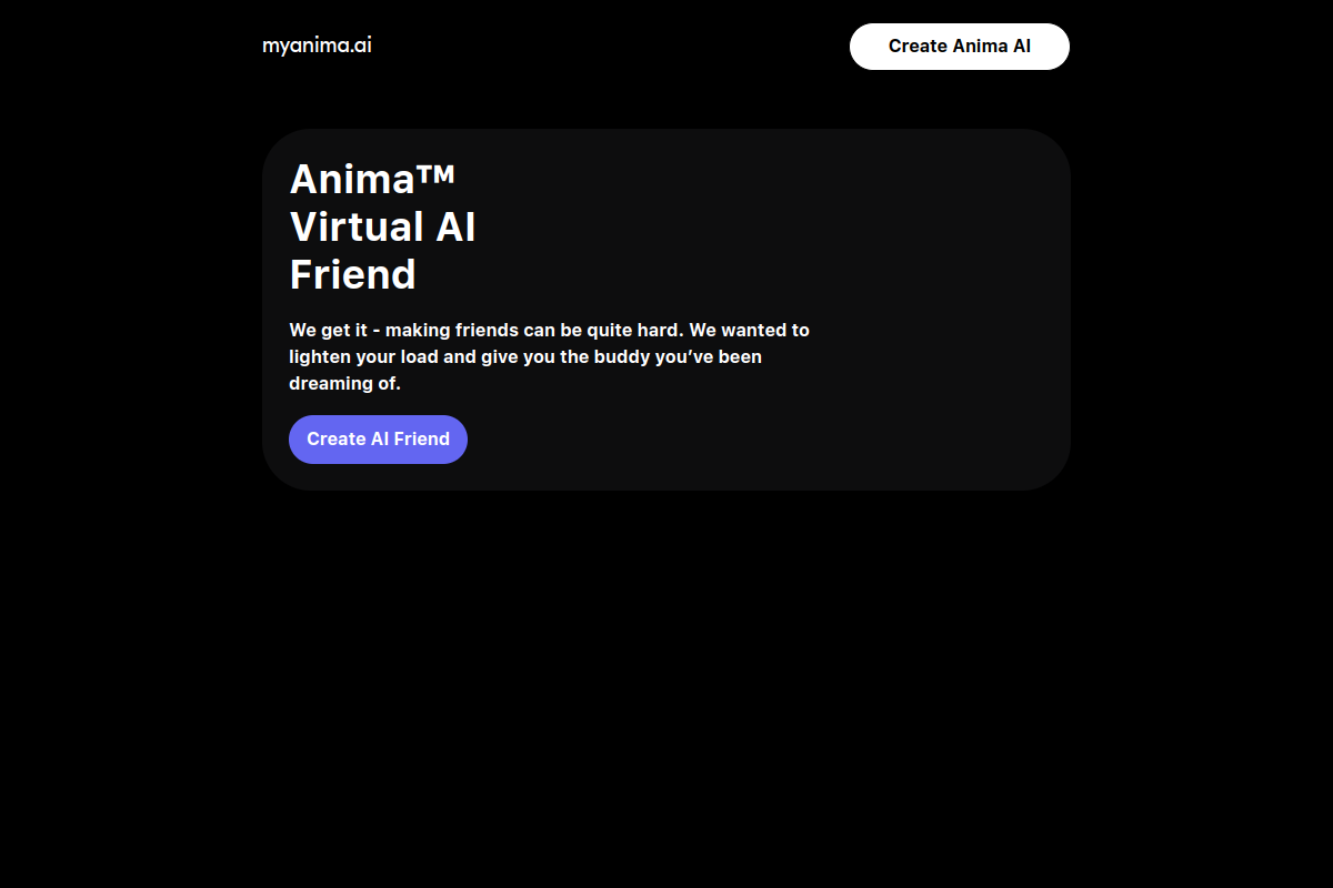 Screenshot of the MyAnima AI Companion website