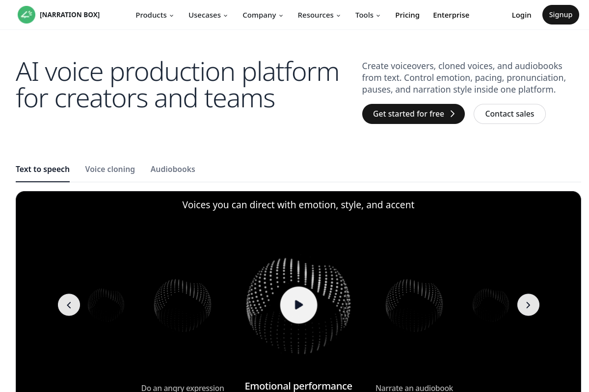Screenshot of the Narration Box website