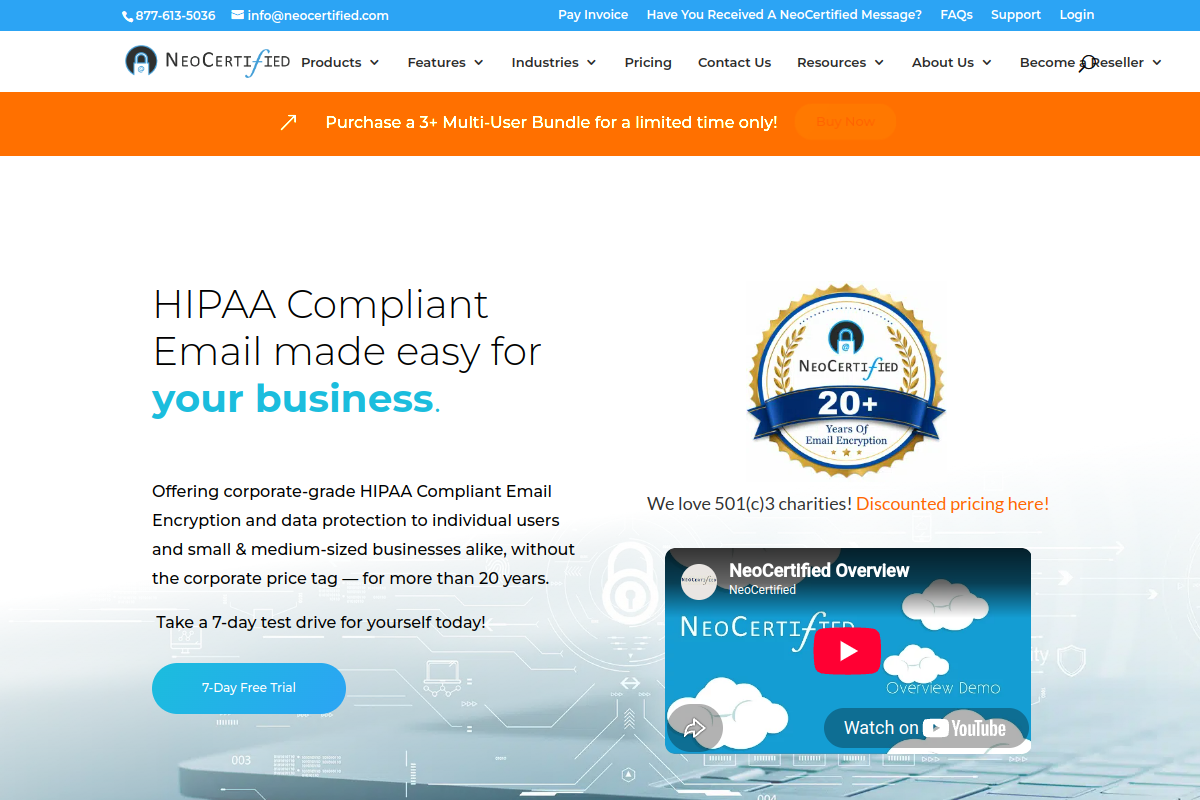 NeoCertified homepage screenshot showing Gmail encryption extension