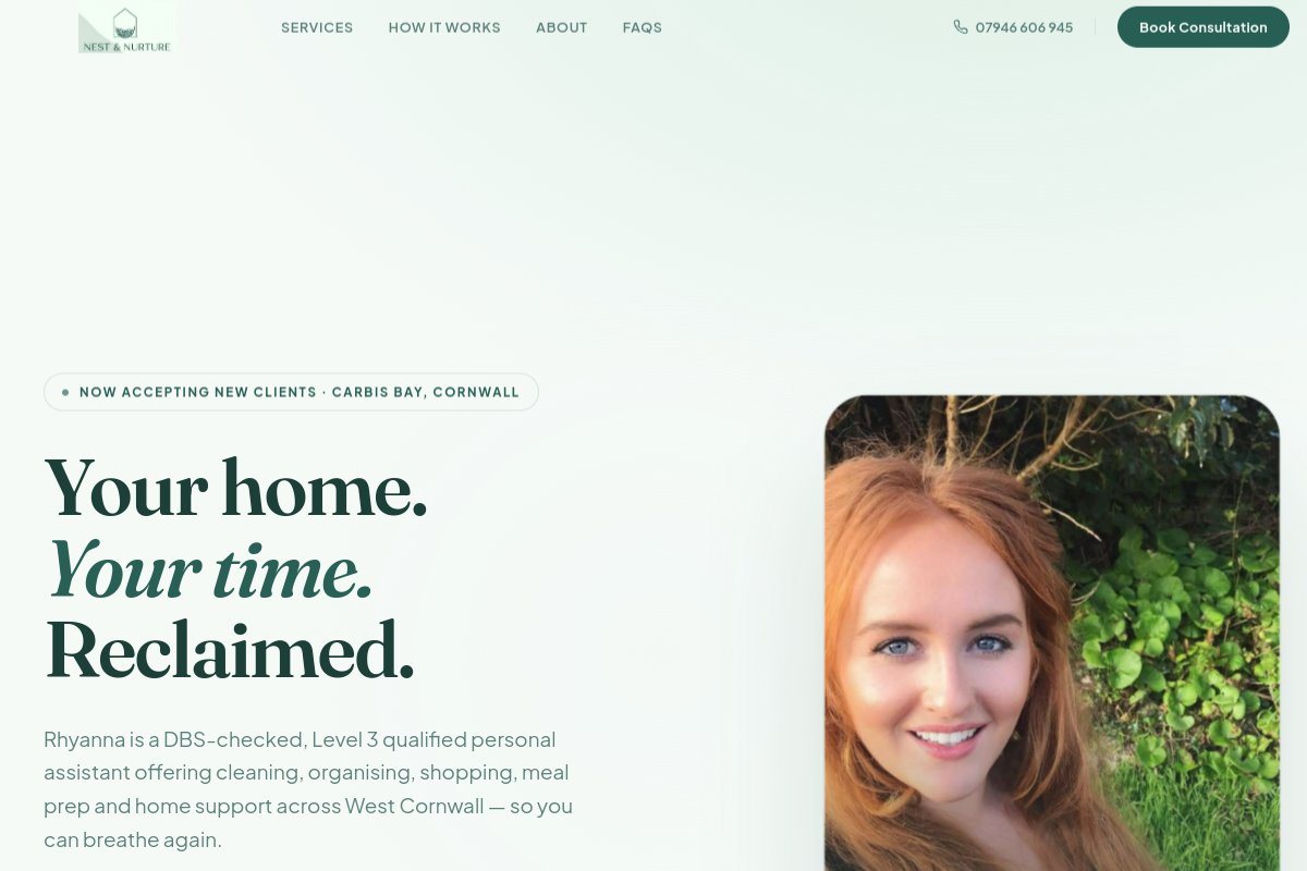 Nest & Nurture home support service website homepage