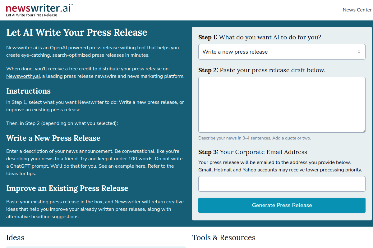Screenshot of the Newswriter website