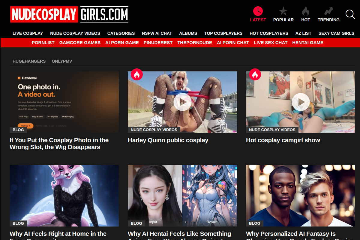 NudeCosplayGirls homepage as it appeared during testing