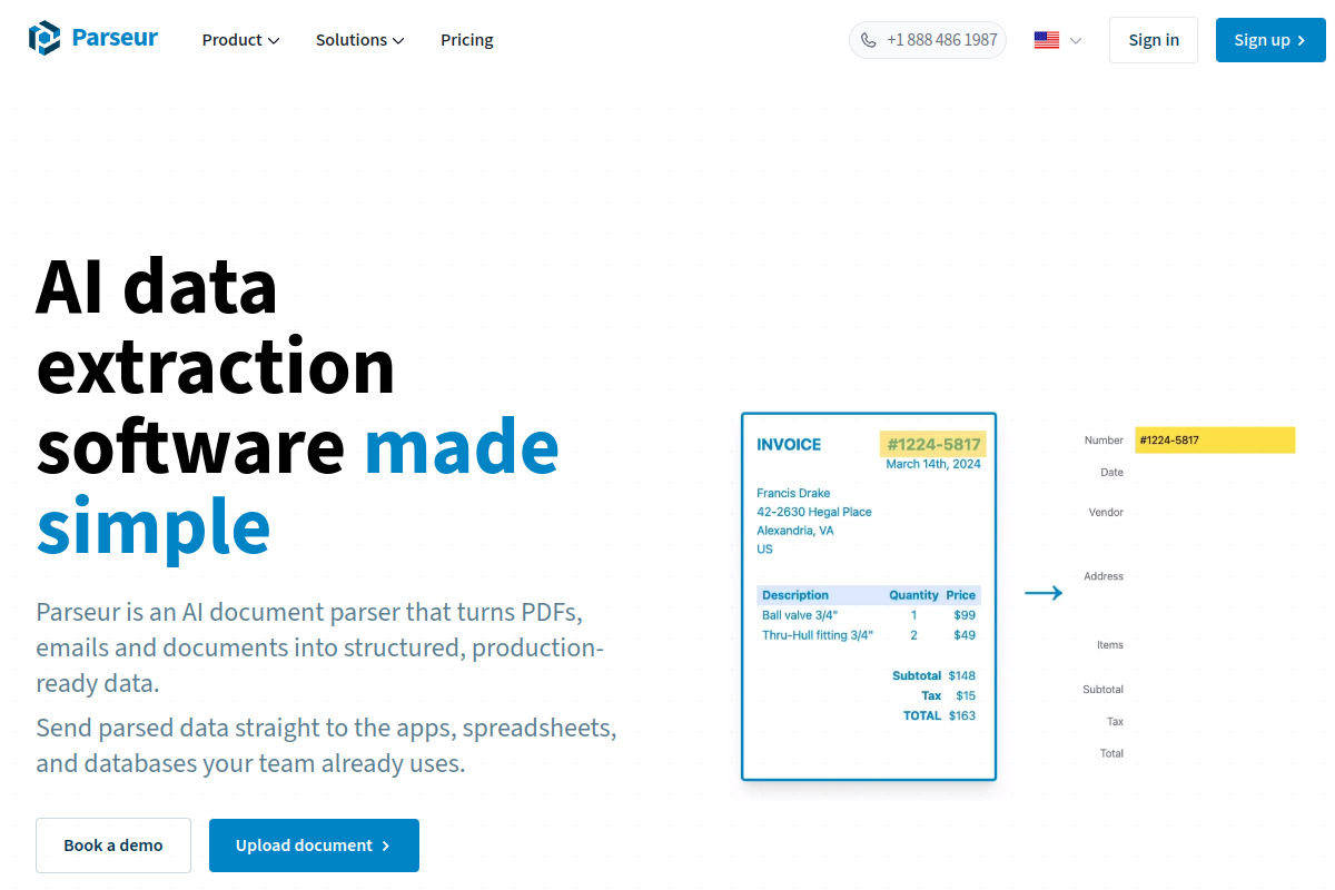 Screenshot of the Parseur website