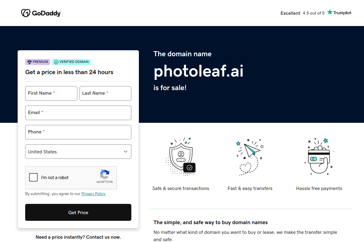 Screenshot of the PhotoLeaf AI website