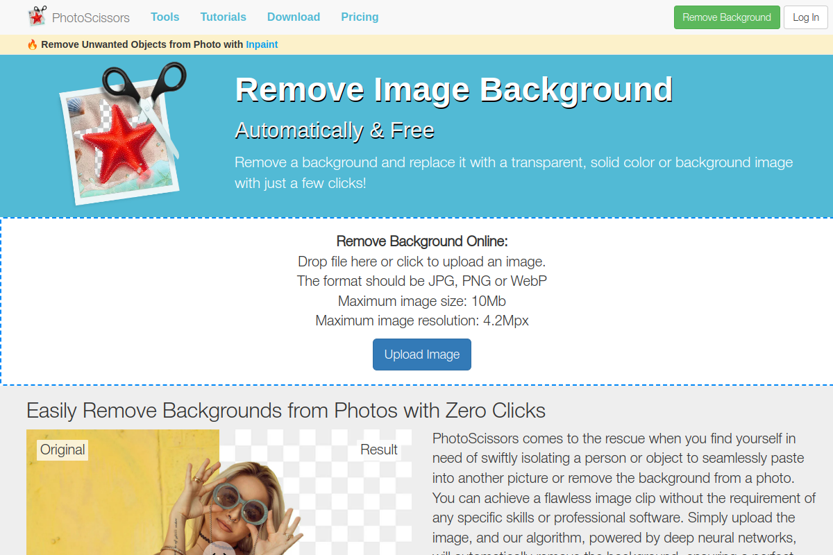 Screenshot of the PhotoScissors website
