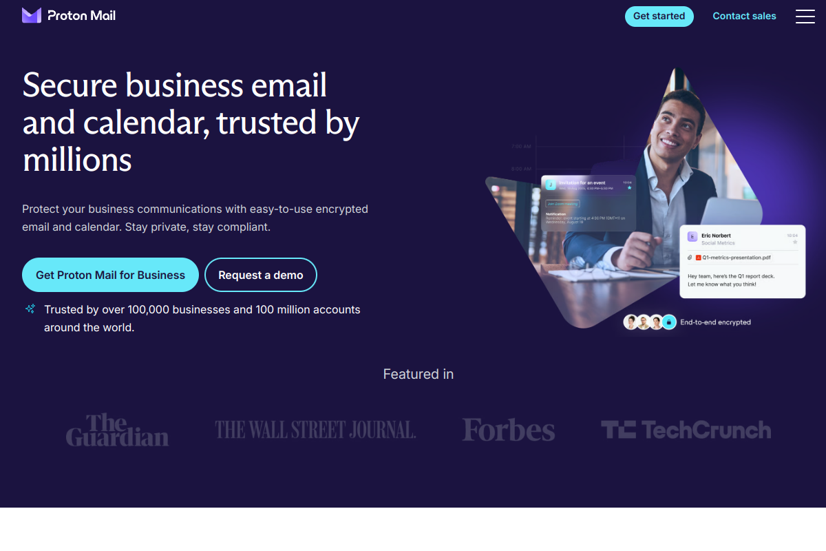 Proton Mail for Business homepage screenshot for email encryption tools