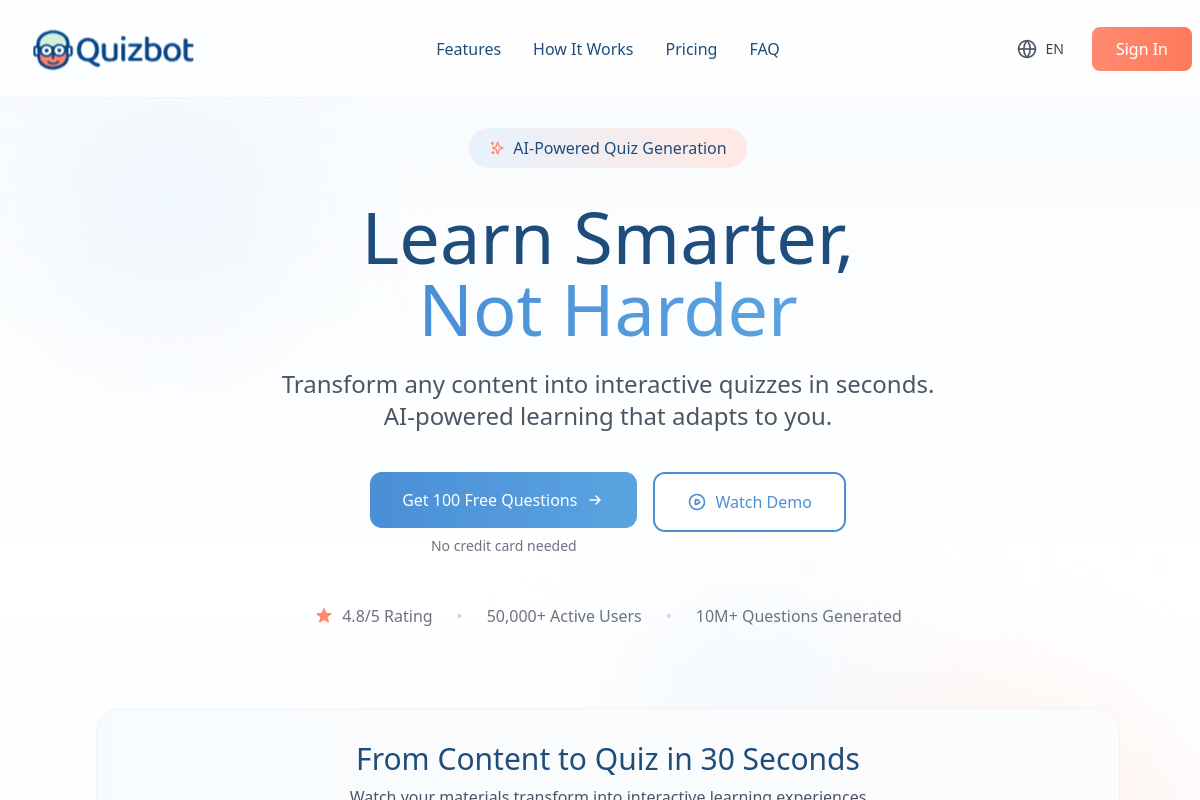 Screenshot of the Quizbot website