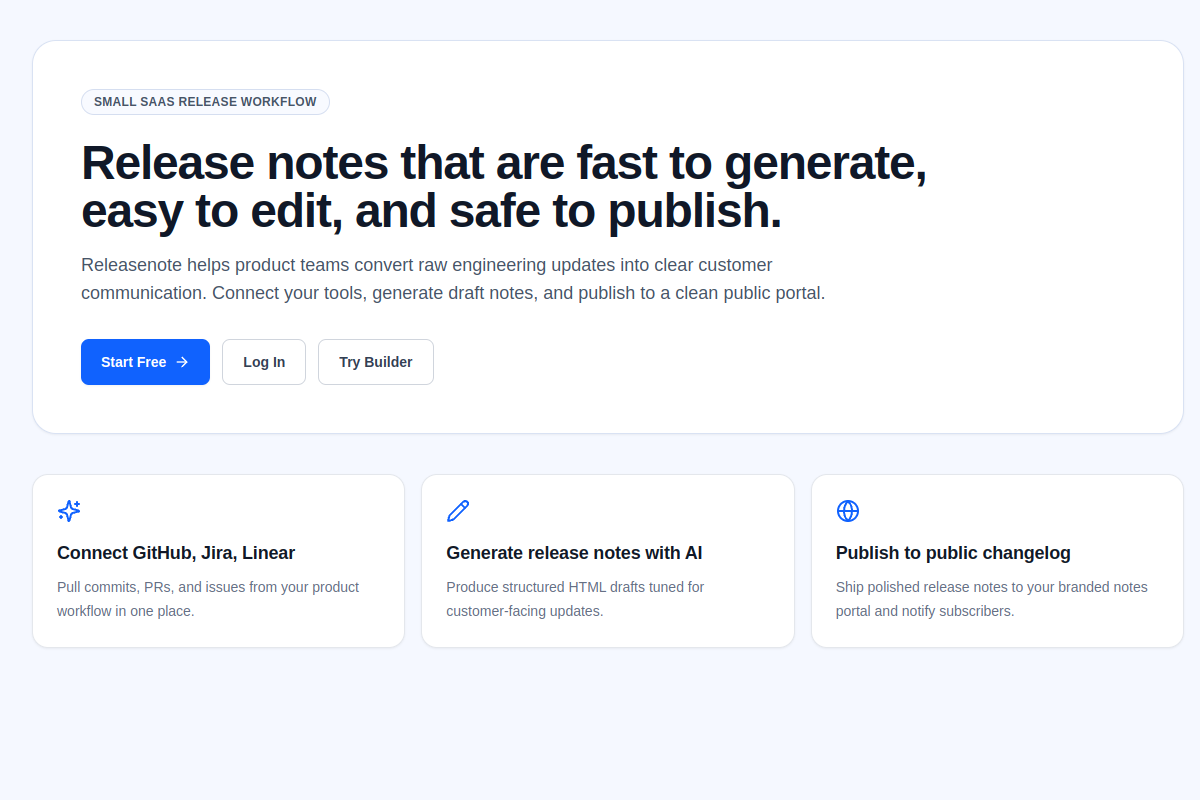 Screenshot of the Releasenote.ai website