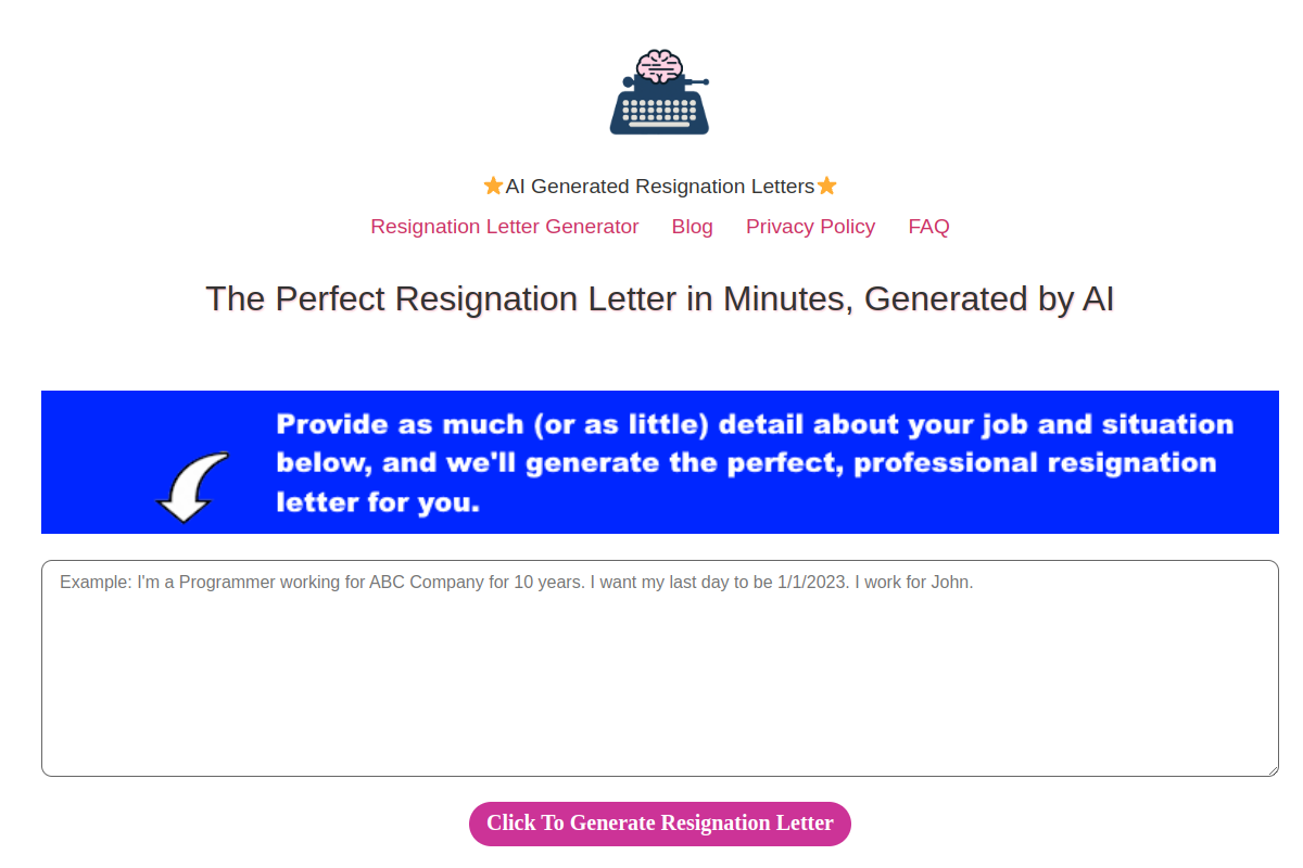 Screenshot of the Just Resignation Letters website