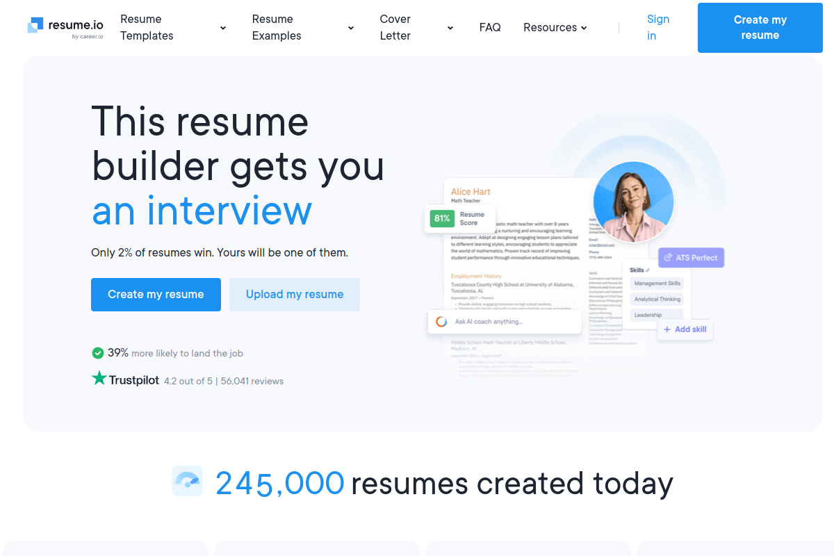Screenshot of the Resume.io website