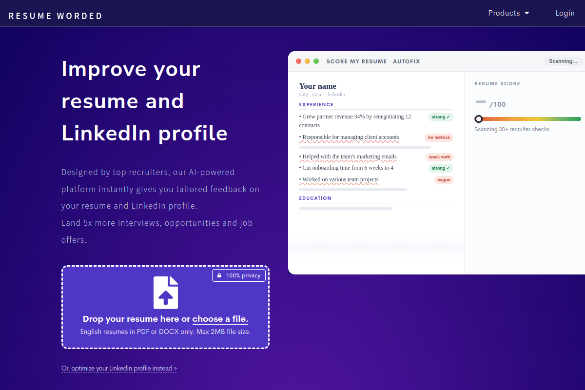Screenshot of the Resume Worded website