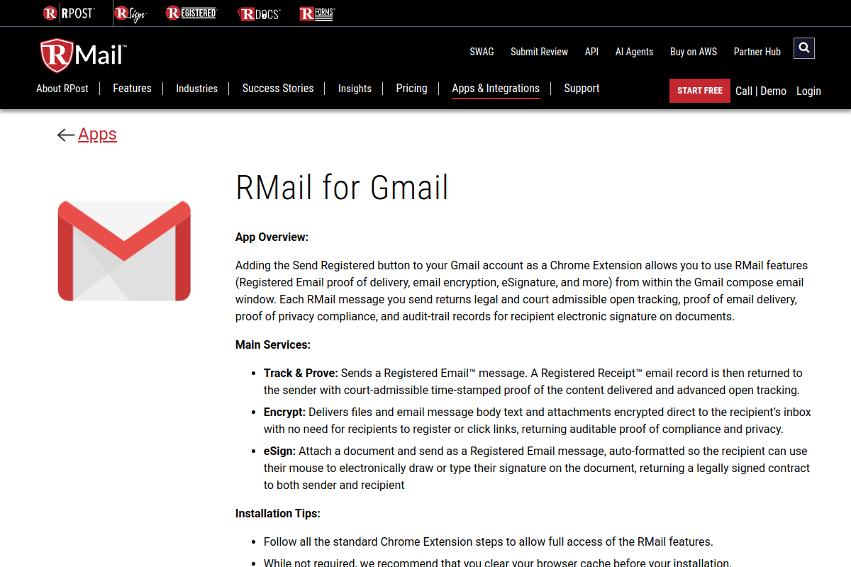 RMail homepage screenshot showing Gmail encryption and delivery proof features