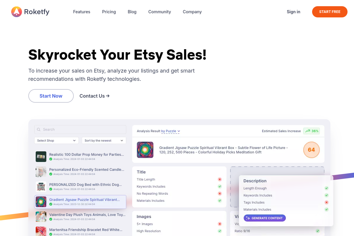 Screenshot of the Roketfy website