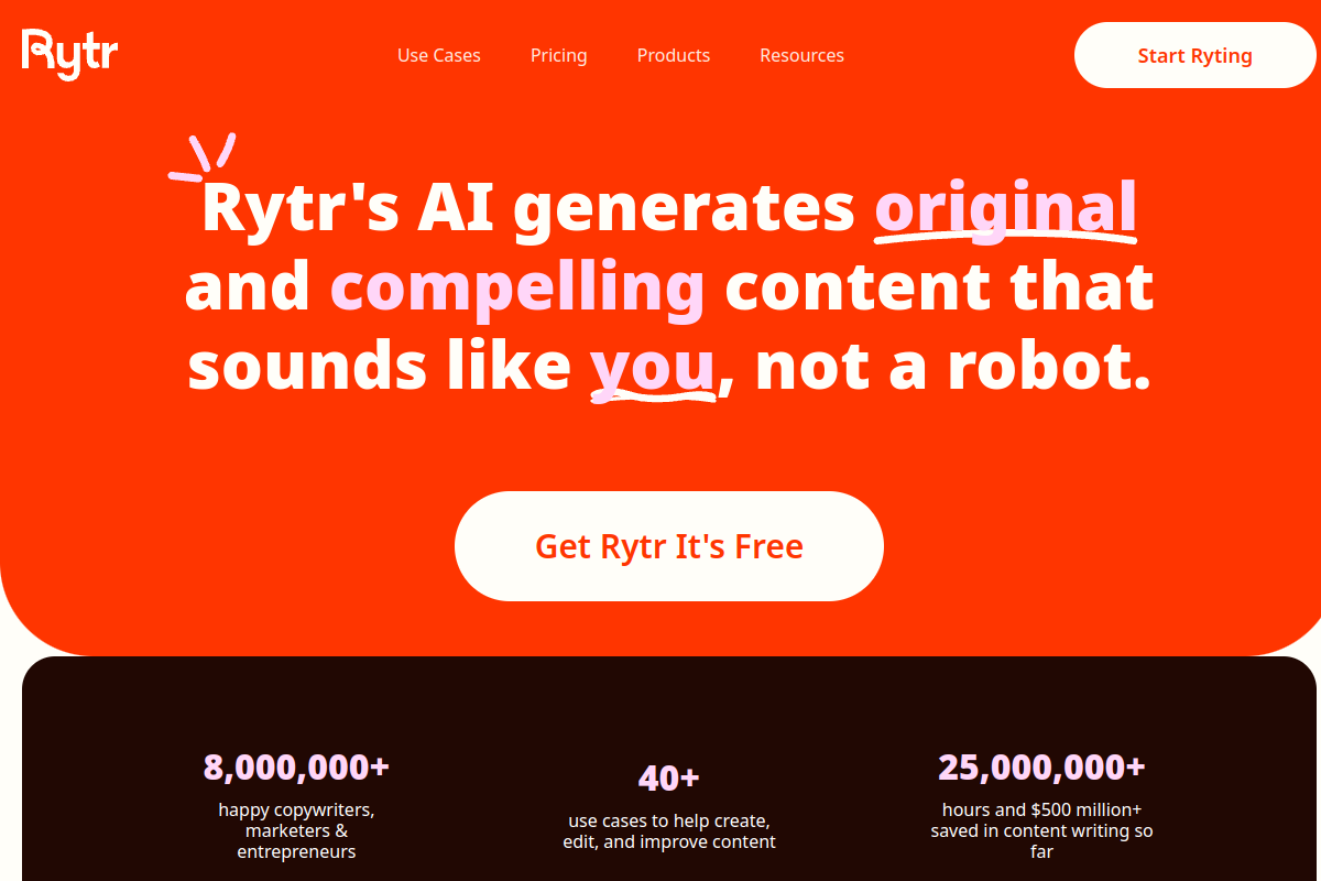 Screenshot of the Rytr website