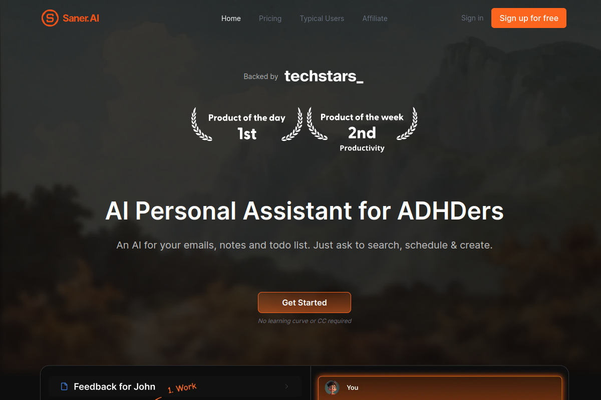 Screenshot of the Saner.ai website