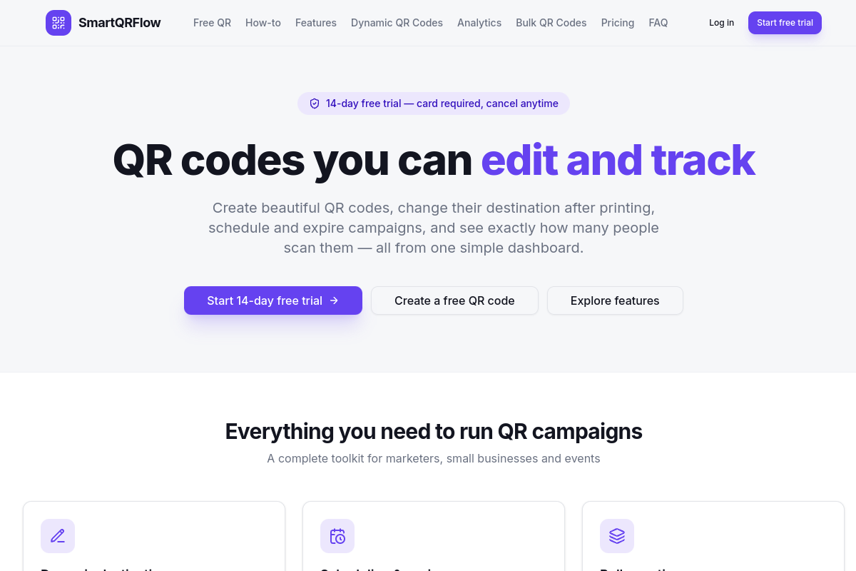 SmartQRFlow QR code platform homepage
