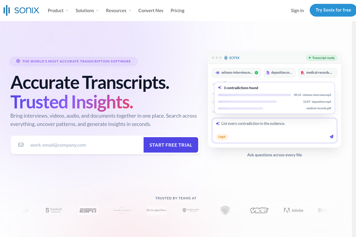 Screenshot of the Sonix website