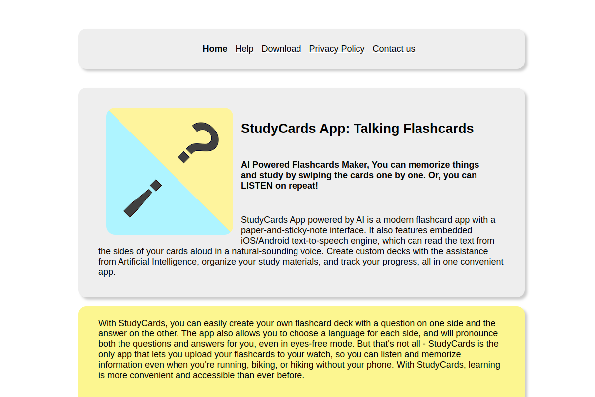 Screenshot of the StudyCards website