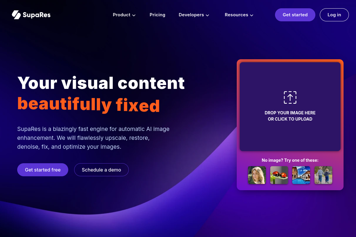 Screenshot of the SupaRes AI Image Enhancer website