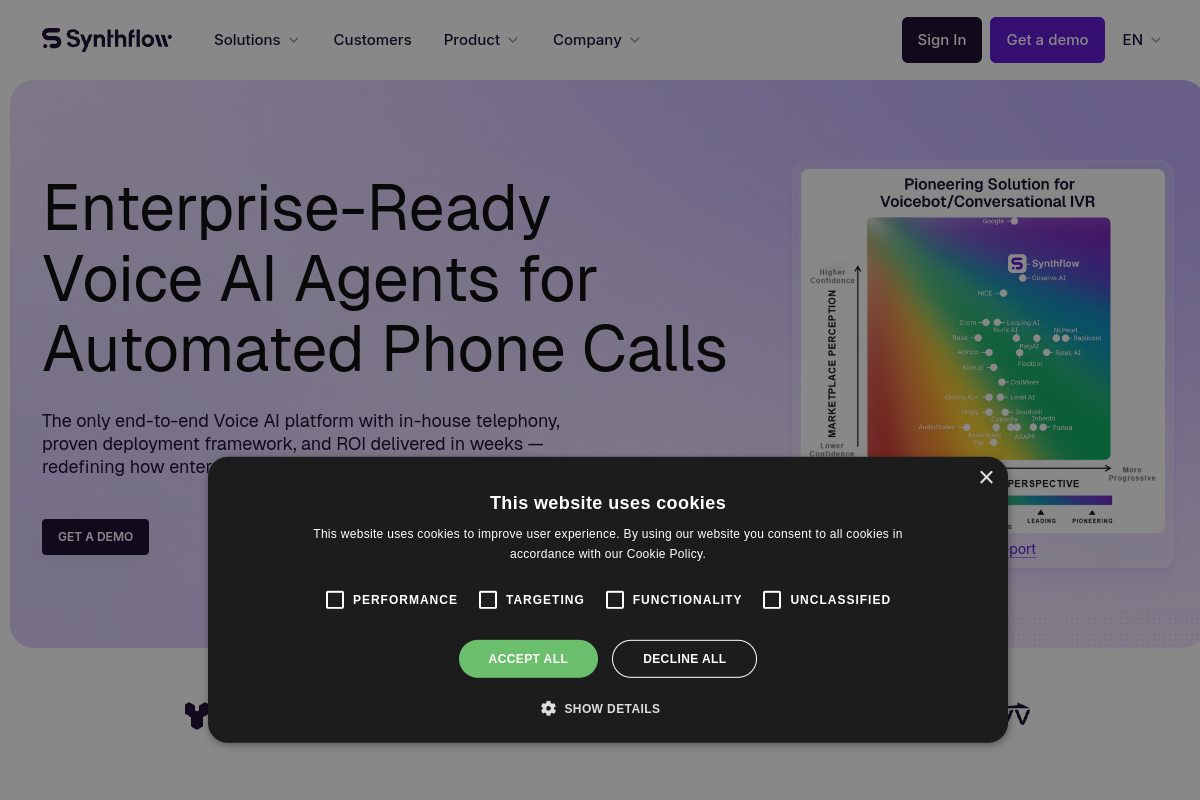 Screenshot of the Synthflow AI website