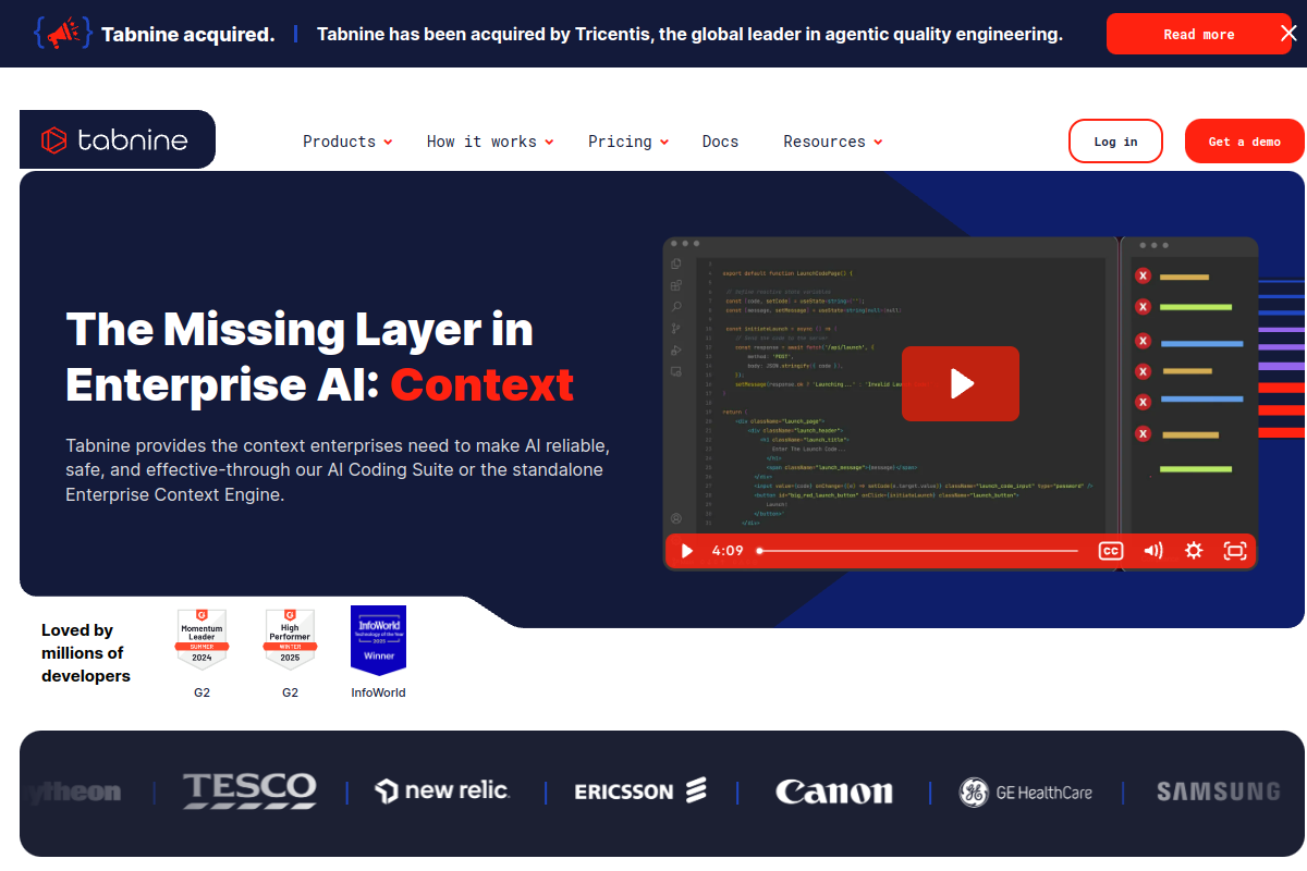 Screenshot of the Tabnine AI code assistant website
