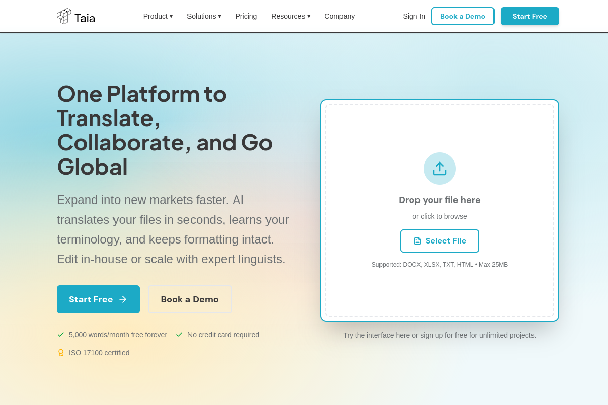 Screenshot of the Taia website