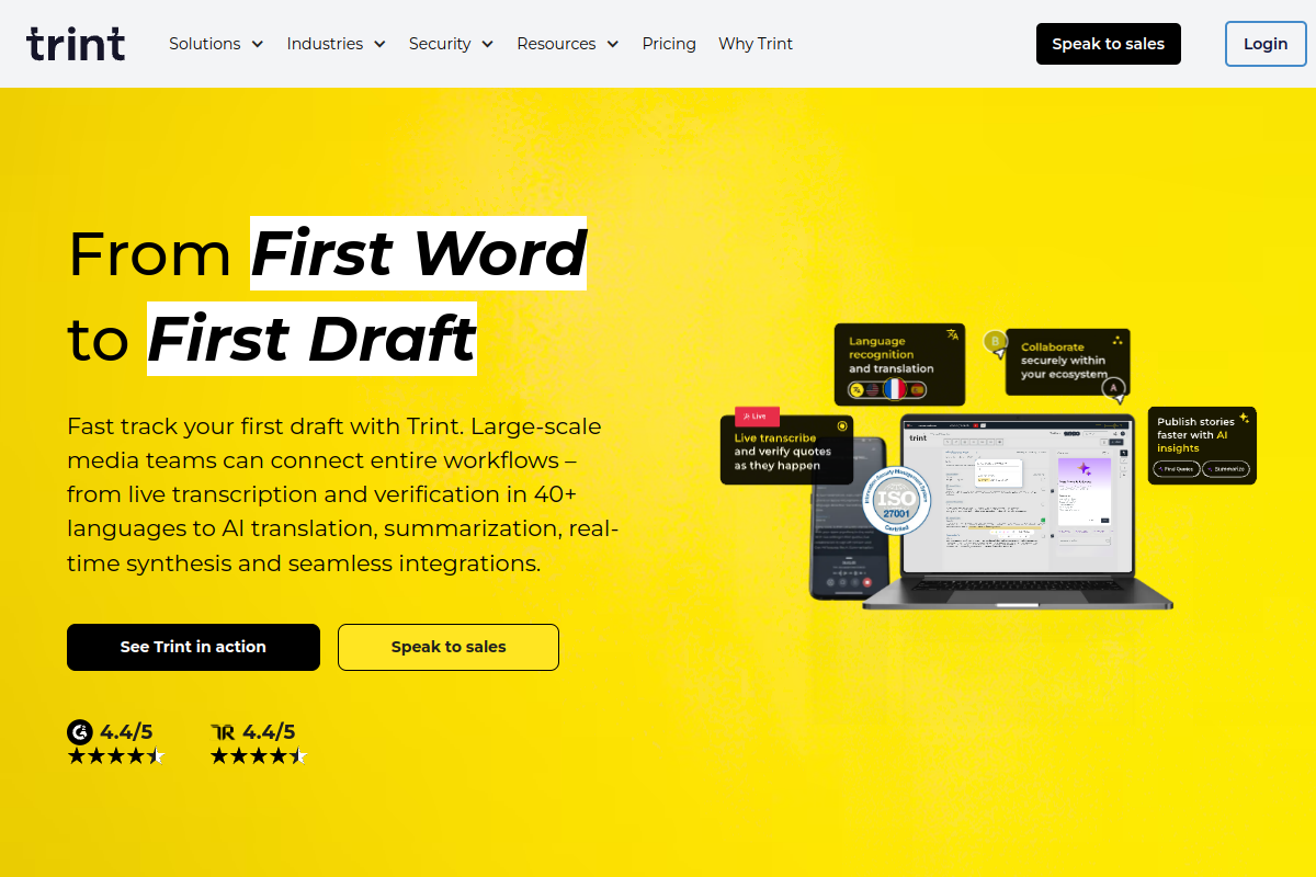 Screenshot of the Trint website