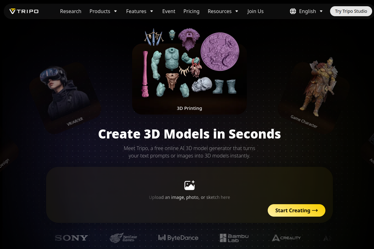 Screenshot of the Tripo3D website