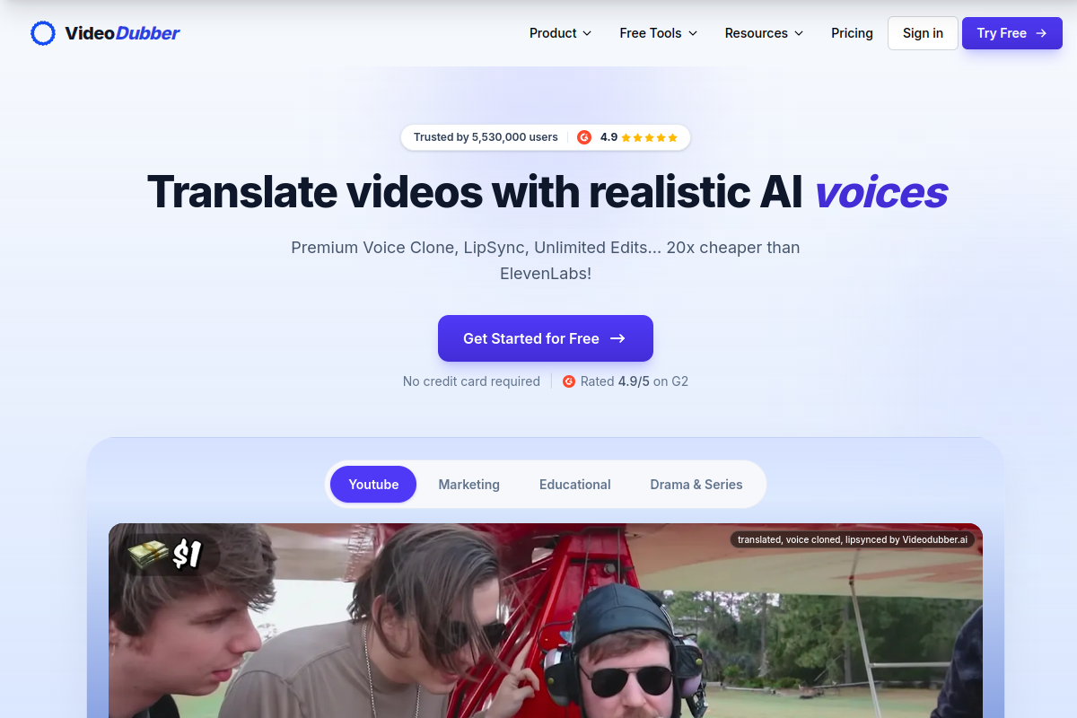 Screenshot of the VideoDubber website