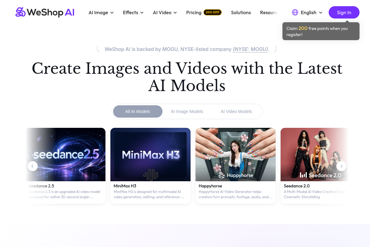 Screenshot of the WeShop AI website